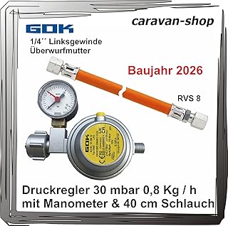 Caravanregler 30 mbar 0,8kg/h mit Manometer + Schlauch 40cm für Caravan Wohnmobil Propangas PS 1…