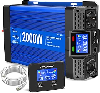 2000W/4000W 12V Auf 230V Reiner Sinus Wechselrichter mit Fernbedienung, 2 EU Steckdosen, 2 USB+Ty…