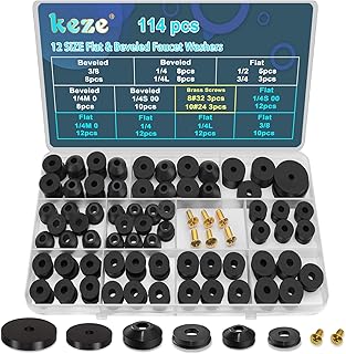 KEZE 114-teiliges Sortiment mit 10 Größen Wasserhahn-Dichtungen mit Messing-Bibb-Schrauben, fla…