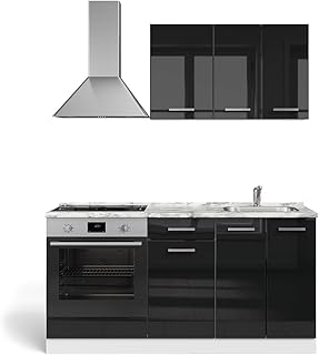 Vicco Singleküche R-Line, Schwarz Hochglanz/Weiß, 160 cm mit Herdumbauschrank ohne Arbeitsplatt…