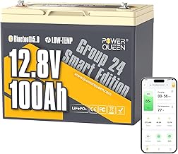 Power Queen 12V 100Ah Batterie Lithium Bluetooth LiFePO4 mit 100A BMS 1280Wh Energie, Max 15000 Z…