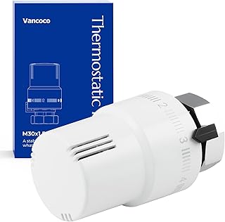 VANCOCO Thermostatkopf Heizkörperventil M30×1,5 mm, Weiß, Flüssig-Fühler, 6–28°C, Nullste…