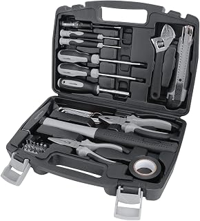 Amazon Basics Werkzeug-Set für den Haushalt, Stahllegierung, 32 Teile, Schwarz / Grau
