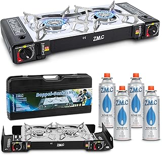 ZMC Camping Gaskocher 2-flammig inkl. Adapter für LPG Anschluss + 4 Gaskartuschen 227g + Aufbewa…
