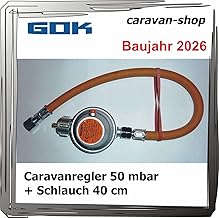 GOK Druckminderer für Caravan/Wohnmobil 50 mbar + Schlauch 40 cm, Gas Wohnwagen 2026